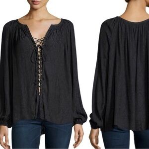 Ramy Brook Black Snake Print Bohemian Flowy Lace-Up Long Sleeve Blouse Sz M